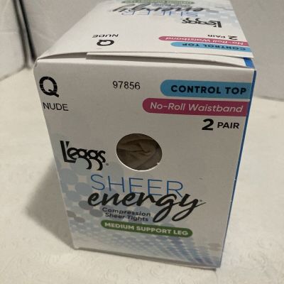 Q NUDE L'EGGS SHEER ENERGY MEDIUM LEG SUPPORT CONTROL TOP NO ROLL TIGHT 2PK